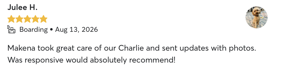 Verified 5-star Rover review from Julee H. about boarding