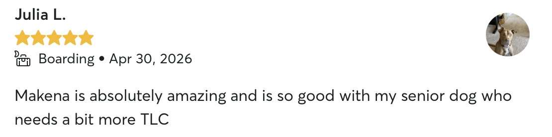 Verified 5-star Rover review from Julia L. about boarding