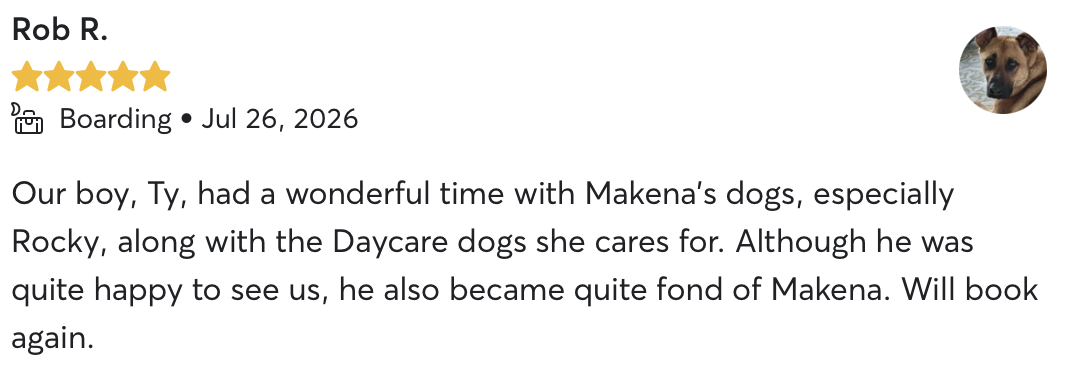 Verified 5-star Rover review from Rob R. about boarding