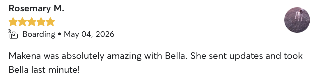 Verified 5-star Rover review from Rosemary M. about boarding
